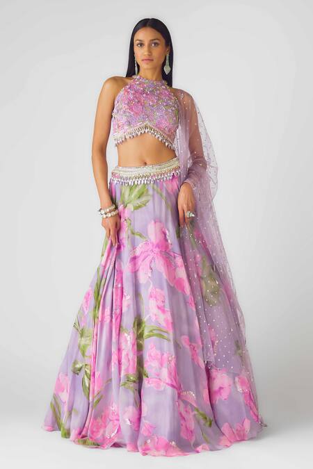 Basanti - Kapde Aur Koffee Purple Georgette Sequins, Beads, Mirrors Halter Neck Floral Lehenga Set Online at Aza Fashions Basanti - Kapde Aur Koffee_Purple Georgette Sequins, Beads, Mirrors Halter Neck Floral Lehenga Set_Online_at_Aza_Fashions