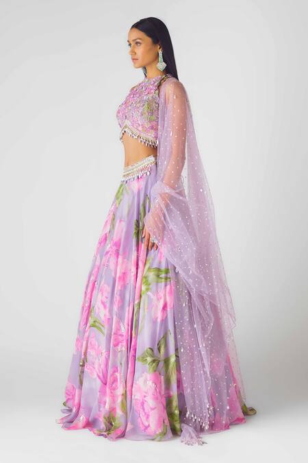 Buy Basanti - Kapde Aur Koffee Purple Georgette Sequins, Beads, Mirrors Halter Neck Floral Lehenga Set Online at Aza Fashions Buy_Basanti - Kapde Aur Koffee_Purple Georgette Sequins, Beads, Mirrors Halter Neck Floral Lehenga Set_Online_at_Aza_Fashions