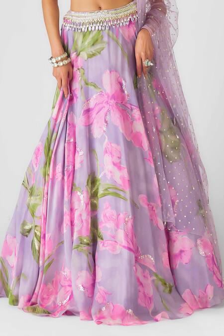 Shop Basanti - Kapde Aur Koffee Purple Georgette Sequins, Beads, Mirrors Halter Neck Floral Lehenga Set Online at Aza Fashions Shop_Basanti - Kapde Aur Koffee_Purple Georgette Sequins, Beads, Mirrors Halter Neck Floral Lehenga Set_Online_at_Aza_Fashions