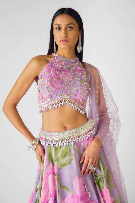 Basanti - Kapde Aur Koffee Purple Georgette Sequins, Beads, Mirrors Halter Neck Floral Lehenga Set at Aza Fashions Basanti - Kapde Aur Koffee_Purple Georgette Sequins, Beads, Mirrors Halter Neck Floral Lehenga Set_at_Aza_Fashions