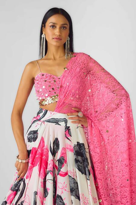 Buy_Basanti - Kapde Aur Koffee_Off White Crepe, Lace Sequins Sweetheart Neck Embellished Floral Lehenga Set_Online_at_Aza_Fashions