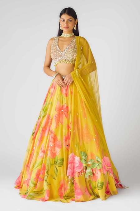 Basanti - Kapde Aur Koffee_Multi Color Georgette Sequins, Pearls, Beads, Yellow Botanic Work Lehenga Set _Online_at_Aza_Fashions