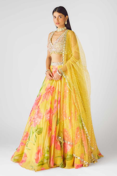 Buy_Basanti - Kapde Aur Koffee_Multi Color Georgette Sequins, Pearls, Beads, Yellow Botanic Work Lehenga Set _Online_at_Aza_Fashions