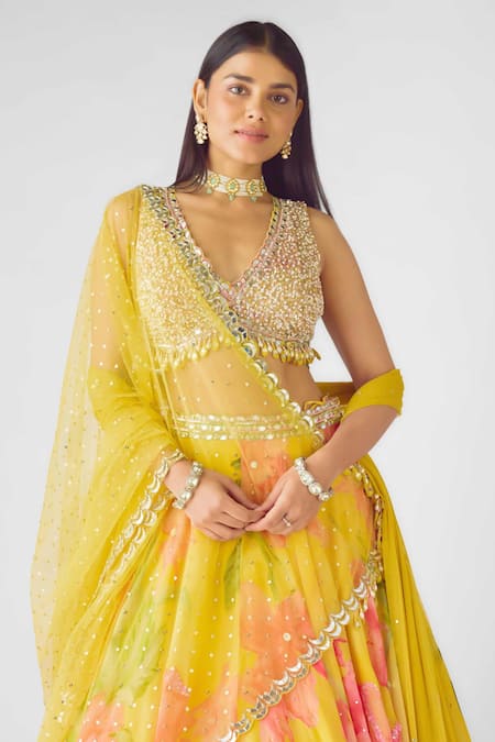 Shop_Basanti - Kapde Aur Koffee_Multi Color Georgette Sequins, Pearls, Beads, Yellow Botanic Work Lehenga Set _Online_at_Aza_Fashions