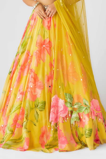 Basanti - Kapde Aur Koffee_Multi Color Georgette Sequins, Pearls, Beads, Yellow Botanic Work Lehenga Set _at_Aza_Fashions