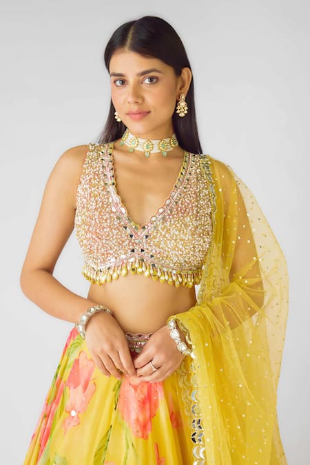 Buy_Basanti - Kapde Aur Koffee_Multi Color Georgette Sequins, Pearls, Beads, Yellow Botanic Work Lehenga Set 