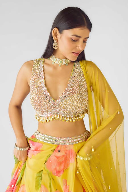 Shop_Basanti - Kapde Aur Koffee_Multi Color Georgette Sequins, Pearls, Beads, Yellow Botanic Work Lehenga Set 