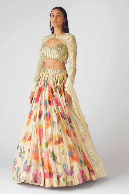 Basanti - Kapde Aur Koffee Beige Georgette Sequins, Beads, Lace Open Neck Watercolor Floral Lehenga Set Online at Aza Fashions Basanti - Kapde Aur Koffee_Beige Georgette Sequins, Beads, Lace Open Neck Watercolor Floral Lehenga Set_Online_at_Aza_Fashions