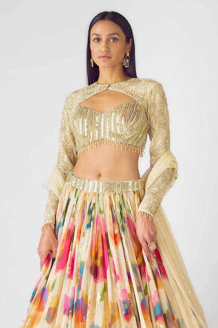 Buy Basanti - Kapde Aur Koffee Beige Georgette Sequins, Beads, Lace Open Neck Watercolor Floral Lehenga Set Online at Aza Fashions Buy_Basanti - Kapde Aur Koffee_Beige Georgette Sequins, Beads, Lace Open Neck Watercolor Floral Lehenga Set_Online_at_Aza_Fashions