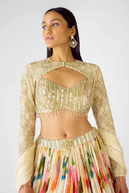 Shop Basanti - Kapde Aur Koffee Beige Georgette Sequins, Beads, Lace Open Neck Watercolor Floral Lehenga Set Online at Aza Fashions Shop_Basanti - Kapde Aur Koffee_Beige Georgette Sequins, Beads, Lace Open Neck Watercolor Floral Lehenga Set_Online_at_Aza_Fashions