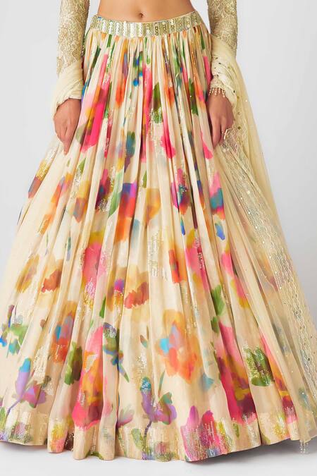 Basanti - Kapde Aur Koffee Beige Georgette Sequins, Beads, Lace Open Neck Watercolor Floral Lehenga Set at Aza Fashions Basanti - Kapde Aur Koffee_Beige Georgette Sequins, Beads, Lace Open Neck Watercolor Floral Lehenga Set_at_Aza_Fashions