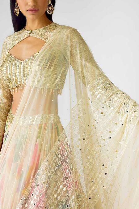 Buy Basanti - Kapde Aur Koffee Beige Georgette Sequins, Beads, Lace Open Neck Watercolor Floral Lehenga Set Buy_Basanti - Kapde Aur Koffee_Beige Georgette Sequins, Beads, Lace Open Neck Watercolor Floral Lehenga Set