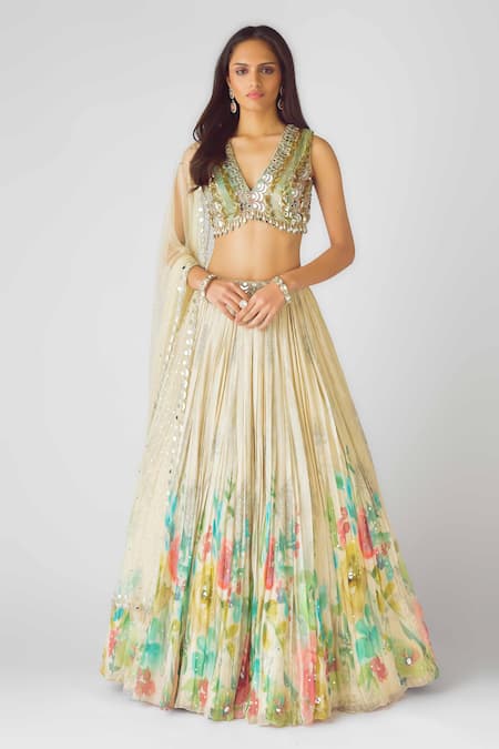 Basanti - Kapde Aur Koffee Ivory Georgette Sequins, Mirrors, Pearls V-neck Embellished Botanic Lehenga Set Online at Aza Fashions Basanti - Kapde Aur Koffee_Ivory Georgette Sequins, Mirrors, Pearls V-neck Embellished Botanic Lehenga Set_Online_at_Aza_Fashions