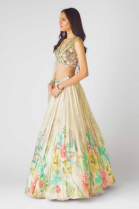 Buy Basanti - Kapde Aur Koffee Ivory Georgette Sequins, Mirrors, Pearls V-neck Embellished Botanic Lehenga Set Online at Aza Fashions Buy_Basanti - Kapde Aur Koffee_Ivory Georgette Sequins, Mirrors, Pearls V-neck Embellished Botanic Lehenga Set_Online_at_Aza_Fashions