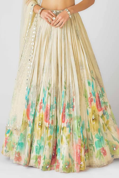 Shop Basanti - Kapde Aur Koffee Ivory Georgette Sequins, Mirrors, Pearls V-neck Embellished Botanic Lehenga Set Online at Aza Fashions Shop_Basanti - Kapde Aur Koffee_Ivory Georgette Sequins, Mirrors, Pearls V-neck Embellished Botanic Lehenga Set_Online_at_Aza_Fashions