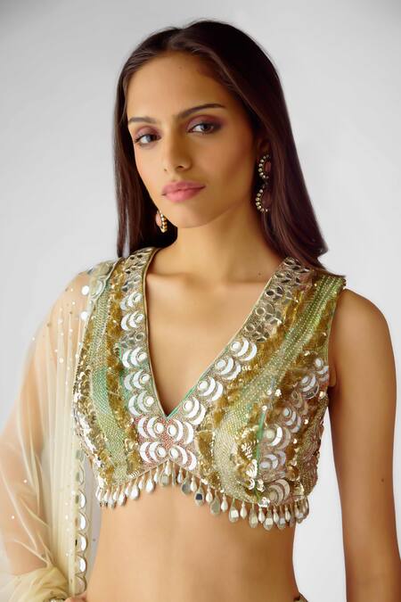 Buy Basanti - Kapde Aur Koffee Ivory Georgette Sequins, Mirrors, Pearls V-neck Embellished Botanic Lehenga Set Buy_Basanti - Kapde Aur Koffee_Ivory Georgette Sequins, Mirrors, Pearls V-neck Embellished Botanic Lehenga Set