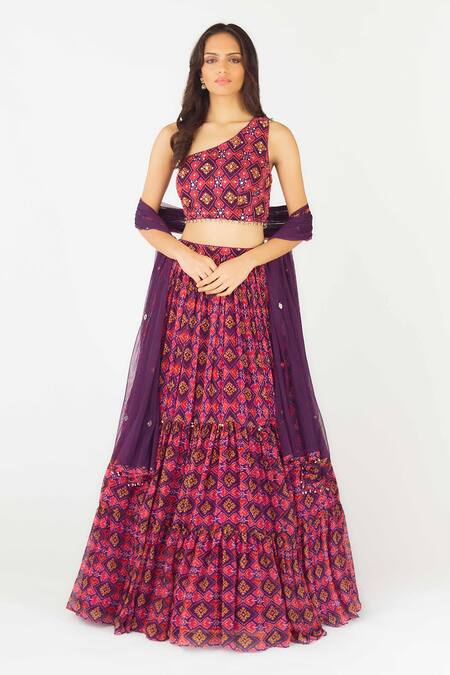 Basanti - Kapde Aur Koffee_Purple Crepe, Chiffon Sequins, Mirrors, Gota Geometric Patola Tiered Lehenga Set_Online_at_Aza_Fashions