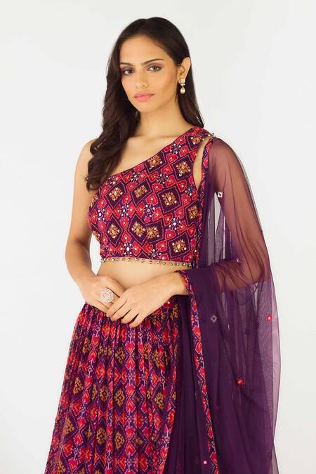 Buy_Basanti - Kapde Aur Koffee_Purple Crepe, Chiffon Sequins, Mirrors, Gota Geometric Patola Tiered Lehenga Set_Online_at_Aza_Fashions
