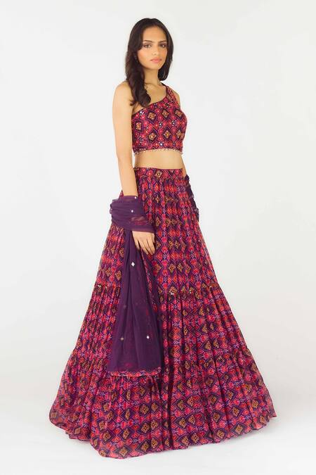 Shop_Basanti - Kapde Aur Koffee_Purple Crepe, Chiffon Sequins, Mirrors, Gota Geometric Patola Tiered Lehenga Set_Online_at_Aza_Fashions