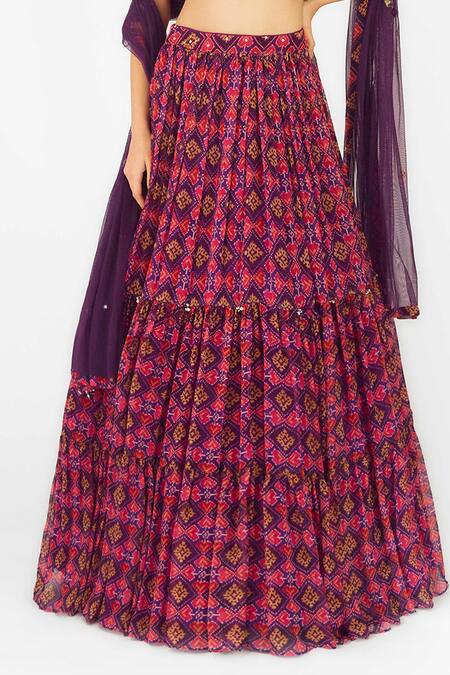 Basanti - Kapde Aur Koffee_Purple Crepe, Chiffon Sequins, Mirrors, Gota Geometric Patola Tiered Lehenga Set_at_Aza_Fashions