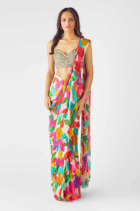 Basanti - Kapde Aur Koffee_Gold Georgette Sequins, Mirrors, Floral Vine Embellished Pre-draped Saree Set_Online_at_Aza_Fashions