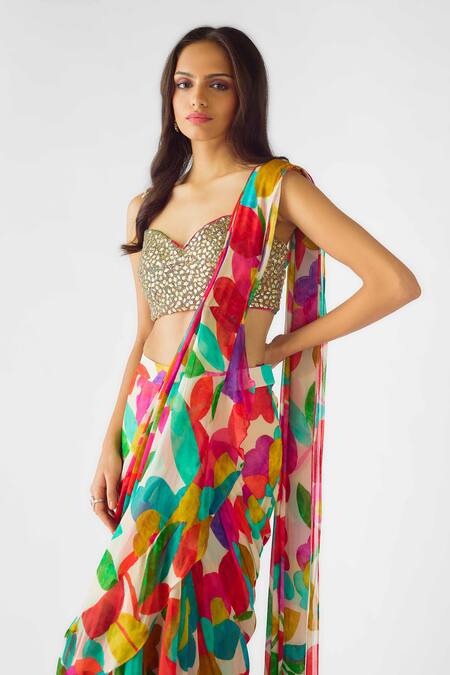 Buy_Basanti - Kapde Aur Koffee_Gold Georgette Sequins, Mirrors, Floral Vine Embellished Pre-draped Saree Set_Online_at_Aza_Fashions