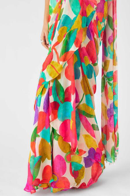 Shop_Basanti - Kapde Aur Koffee_Gold Georgette Sequins, Mirrors, Floral Vine Embellished Pre-draped Saree Set_Online_at_Aza_Fashions