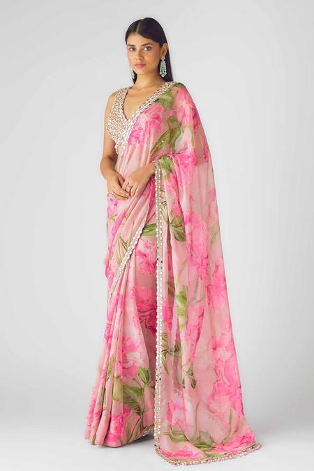 Basanti - Kapde Aur Koffee_Pink Georgette Mirrors, Sequins, Botanic Pattern Pre-draped Saree And Blouse_Online_at_Aza_Fashions