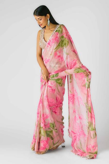 Buy_Basanti - Kapde Aur Koffee_Pink Georgette Mirrors, Sequins, Botanic Pattern Pre-draped Saree And Blouse_Online_at_Aza_Fashions