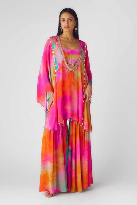 Shop Basanti - Kapde Aur Koffee Multi Color Crepe Beads Plunge Neck, Multicolor Embellished Kaftan Set Online at Aza Fashions Shop_Basanti - Kapde Aur Koffee_Multi Color Crepe Beads Plunge Neck, Multicolor Embellished Kaftan Set _Online_at_Aza_Fashions