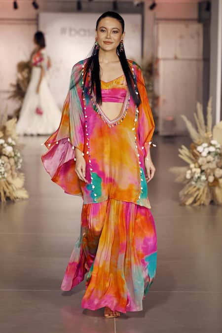 Basanti - Kapde Aur Koffee Multi Color Crepe Beads Plunge Neck, Multicolor Embellished Kaftan Set 