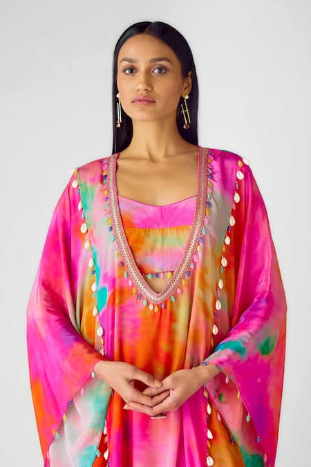 Basanti - Kapde Aur Koffee Multi Color Crepe Beads Plunge Neck, Multicolor Embellished Kaftan Set at Aza Fashions Basanti - Kapde Aur Koffee_Multi Color Crepe Beads Plunge Neck, Multicolor Embellished Kaftan Set _at_Aza_Fashions