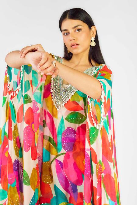 Shop_Basanti - Kapde Aur Koffee_Multi Color Georgette Beads, Multicolor Floral Vine Embellished Kaftan Set_Online_at_Aza_Fashions