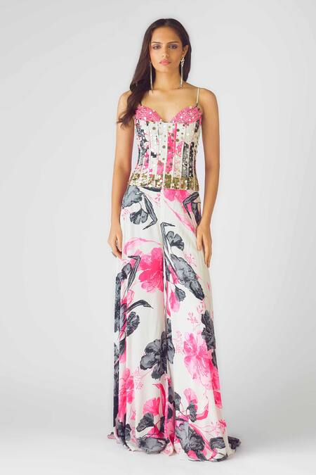 Buy_Basanti - Kapde Aur Koffee_Off White Crepe Embellished Sequins Sweetheart Floral Corset And Sharara Set_Online_at_Aza_Fashions