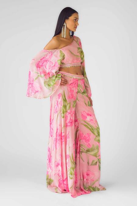 Basanti - Kapde Aur Koffee Pink Crepe Sequins, Beads One Shoulder Embellished Bustier And Sharara Online at Aza Fashions Basanti - Kapde Aur Koffee_Pink Crepe Sequins, Beads One Shoulder Embellished Bustier And Sharara_Online_at_Aza_Fashions