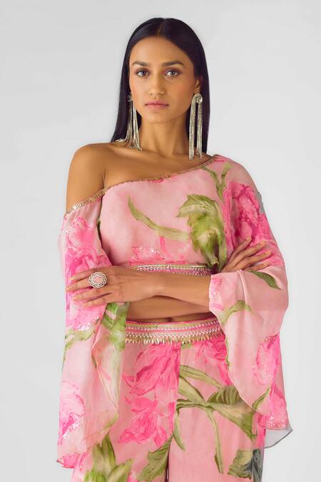 Shop Basanti - Kapde Aur Koffee Pink Crepe Sequins, Beads One Shoulder Embellished Bustier And Sharara Online at Aza Fashions Shop_Basanti - Kapde Aur Koffee_Pink Crepe Sequins, Beads One Shoulder Embellished Bustier And Sharara_Online_at_Aza_Fashions