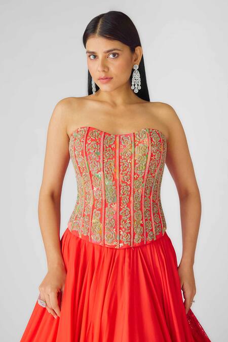 Shop Basanti - Kapde Aur Koffee Red Georgette Sequins, Beads Sweetheart Floral Embellished Lehenga Corset Set Online at Aza Fashions Shop_Basanti - Kapde Aur Koffee_Red Georgette Sequins, Beads Sweetheart Floral Embellished Lehenga Corset Set_Online_at_Aza_Fashions