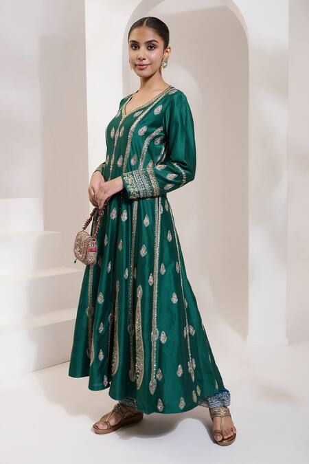 Shop_Saahiil Kapoor_Green Chanderi, Organza, Cotton Sequins, Beads, Embroidery Paisley Anarkali Set 