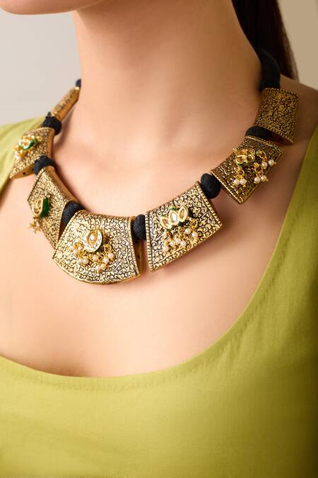 Shop Just Shradhas Multi Color Carved Stone And Pearl Choker Online at Aza Fashions Shop_Just Shradhas_Multi Color Carved Stone And Pearl Choker _Online_at_Aza_Fashions