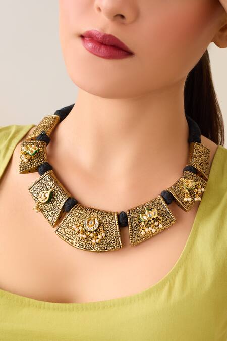 Just Shradhas Multi Color Carved Stone And Pearl Choker at Aza Fashions Just Shradhas_Multi Color Carved Stone And Pearl Choker _at_Aza_Fashions
