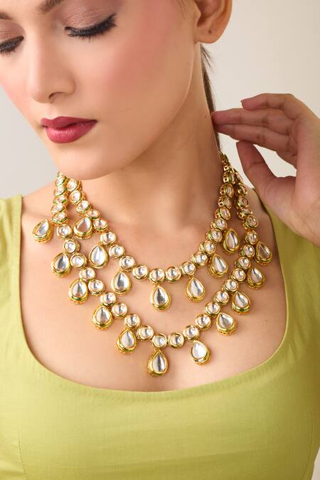 Buy Just Shradhas Gold Plated Stone Embellished Double Layered Necklace Online at Aza Fashions Buy_Just Shradhas_Gold Plated Stone Embellished Double Layered Necklace _Online_at_Aza_Fashions