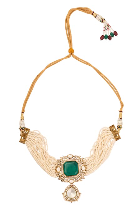 Just Shradhas Gold Plated Pearls, Stones Green Natural Necklace Set Online at Aza Fashions Just Shradhas_Gold Plated Pearls, Stones Green Natural Necklace Set _Online_at_Aza_Fashions