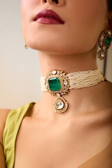 Buy Just Shradhas Gold Plated Pearls, Stones Green Natural Necklace Set Online at Aza Fashions Buy_Just Shradhas_Gold Plated Pearls, Stones Green Natural Necklace Set _Online_at_Aza_Fashions