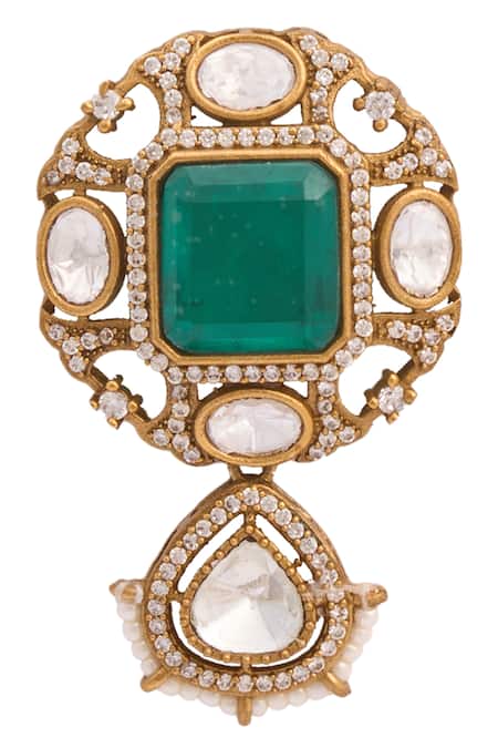 Just Shradhas Gold Plated Pearls, Stones Green Natural Necklace Set at Aza Fashions Just Shradhas_Gold Plated Pearls, Stones Green Natural Necklace Set _at_Aza_Fashions