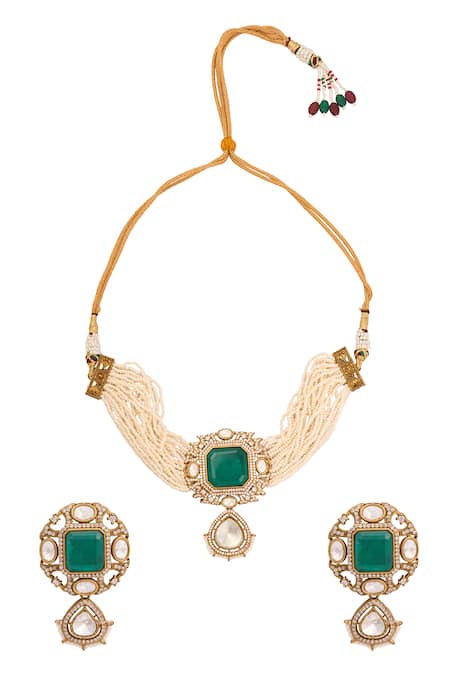 Just Shradhas Green Natural Stone Pearl Necklace Set 