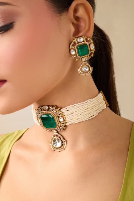 Buy Just Shradhas Gold Plated Pearls, Stones Green Natural Necklace Set Buy_Just Shradhas_Gold Plated Pearls, Stones Green Natural Necklace Set