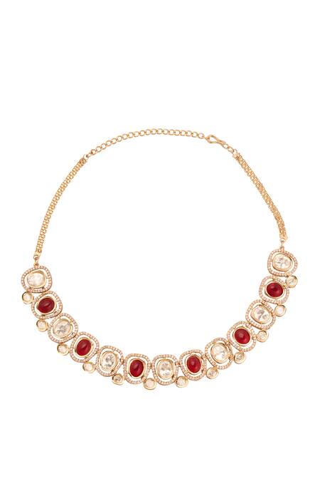 Just Shradhas Gold Plated Fabric Flowers Natural Stone And Faux Diamond Necklace Set Online at Aza Fashions Just Shradhas_Gold Plated Fabric Flowers Natural Stone And Faux Diamond Necklace Set _Online_at_Aza_Fashions