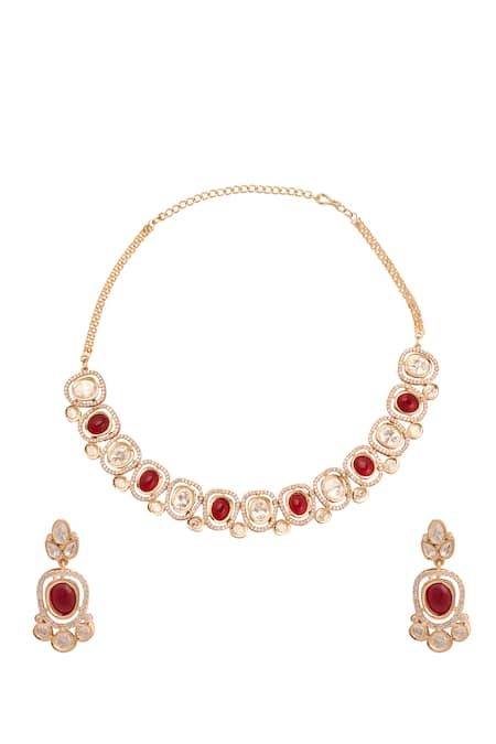 Shop Just Shradhas Gold Plated Fabric Flowers Natural Stone And Faux Diamond Necklace Set at Aza Fashions Shop_Just Shradhas_Gold Plated Fabric Flowers Natural Stone And Faux Diamond Necklace Set _at_Aza_Fashions