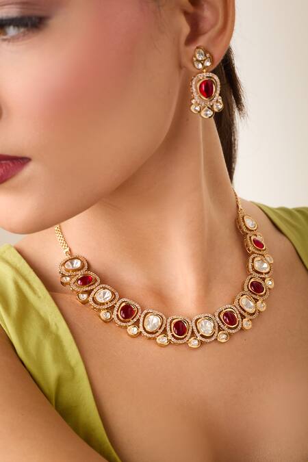 Buy Just Shradhas Gold Plated Fabric Flowers Natural Stone And Faux Diamond Necklace Set Online at Aza Fashions Buy_Just Shradhas_Gold Plated Fabric Flowers Natural Stone And Faux Diamond Necklace Set _Online_at_Aza_Fashions