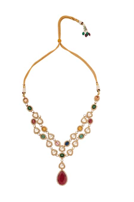 Just Shradhas_Multi Color Fabric Flowers Natural Stone Necklace Set _Online_at_Aza_Fashions